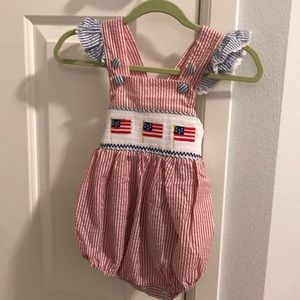 Red and BLue Seersucker Flag smocked bodysuit